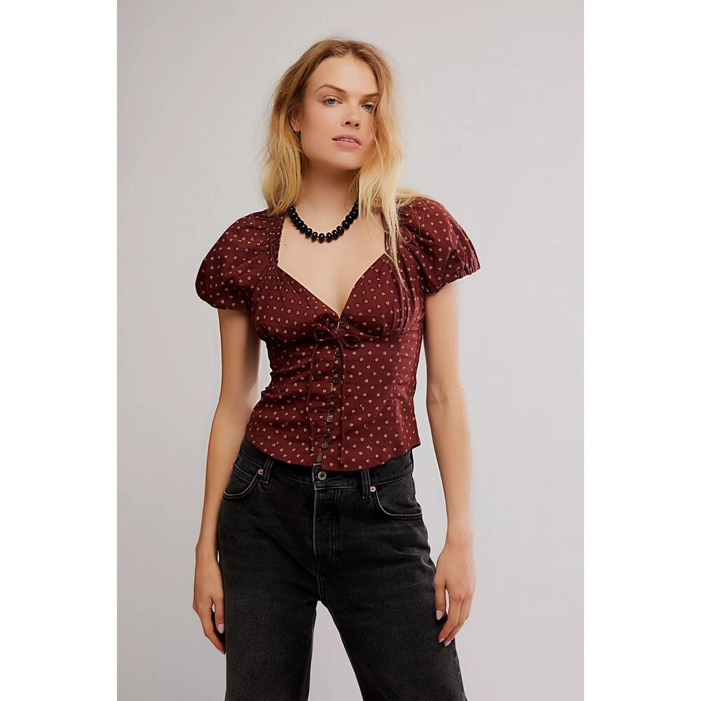 Free People Puff Sleeve Printed Blouse Top Buttondown Floral Ruffle L 289257